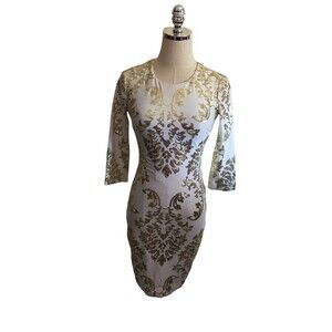 B Darlin Dress Women's Size 3 / 4 White Gold Sequins 3/4 Sleeve Midi
